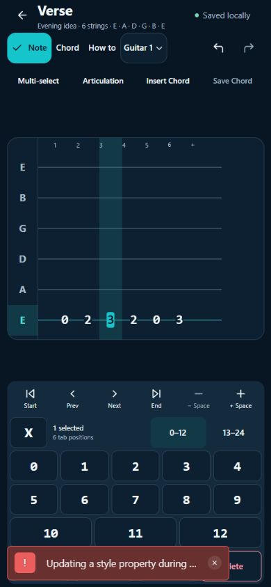 Swift Tab Writer’s real editor showing a sample guitar riff, Note and Chord controls, and fret keypad